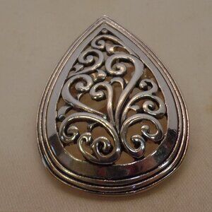 Silvertone Tear Drop Shaped Intricate Detailing Brooch Apx 2" Long